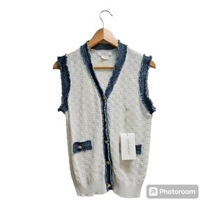 NWT Cocobleu Checkerboard Knit Vest Denim Trim Ivory Size S Resortwear Summer